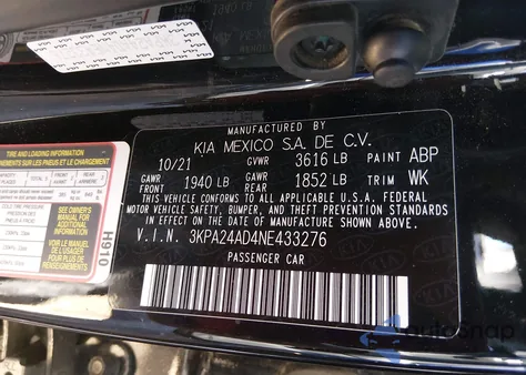 2022 Kia Rio S z USA, uszkodzony, nr VIN 3KPA24AD4NE433276